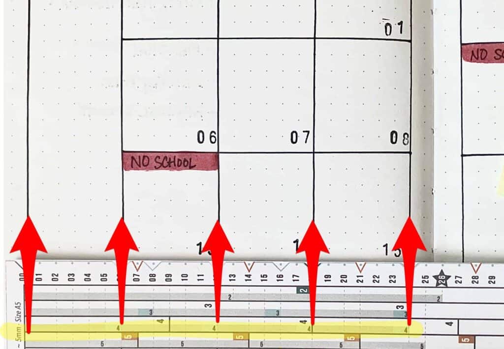 bullet journal monthly spread showing 4 columns with 5 red arrows