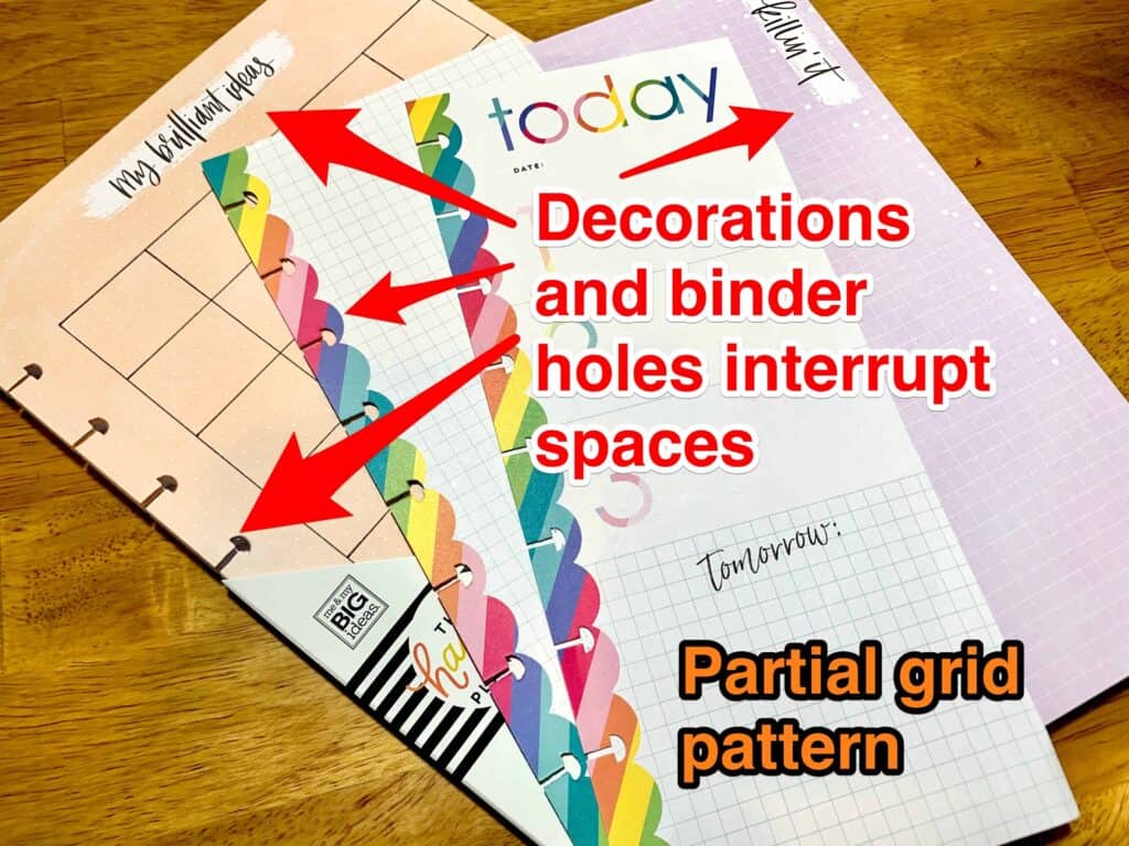photo of The Happy Planner pages with decorative elements problem interrupting spaces